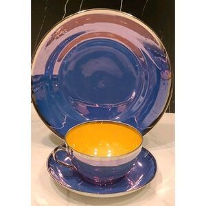 Phoenix China Blue Orange Silver Lusterware Teacup Saucer w/Luncheon Plate 17pcs